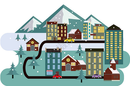 冬天道路素材城市雪景插画