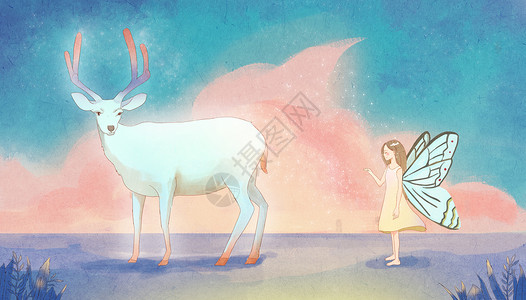 大麋鹿追鹿的天使插画