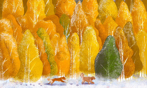 秋季的小树林林中玩耍的小狗插画