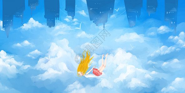 自由剪影在城市飞翔的小女孩插画