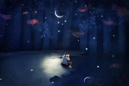 月光树林孤独的摄影师插画