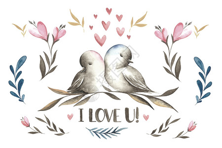 爱心树枝素材爱情鸟水彩插画