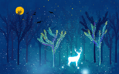 森林夜色神秘森林麋鹿插画