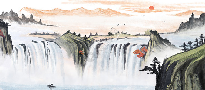 莫里瀑布中国风山水画插画