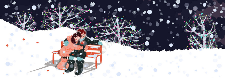 情人节手绘公园路灯椅子积雪高清图片