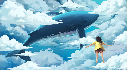 云层穿梭云中遨游的鲸鱼与女孩插画