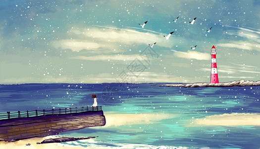 蓝色海滩瞭望大海的少女插画