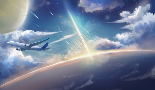 飞机空间背景宇宙科学插画