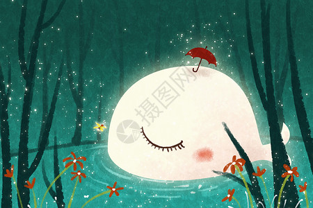 尚湖夜景温馨治愈鲸鱼童话插画