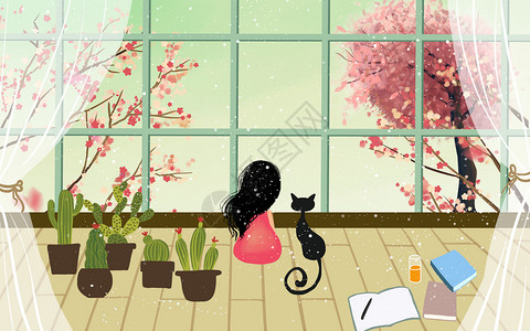 猫樱花凝望窗外樱花插画