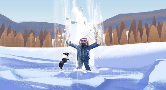雪地玩耍滑雪场景手绘插画高清图片