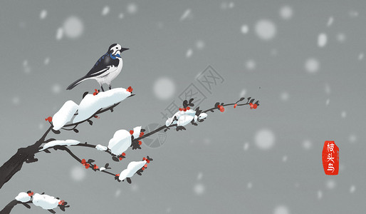 蓝色飘落雪花枝头的小鸟插画