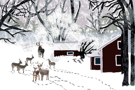 枯树与鹿麋鹿在弥漫的大雪下散步插画