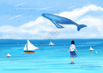 海上鲸鱼海上梦幻的女孩插画