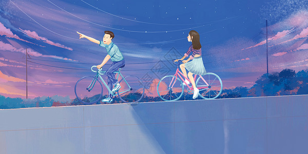 骑车出游夜空下的骑行插画