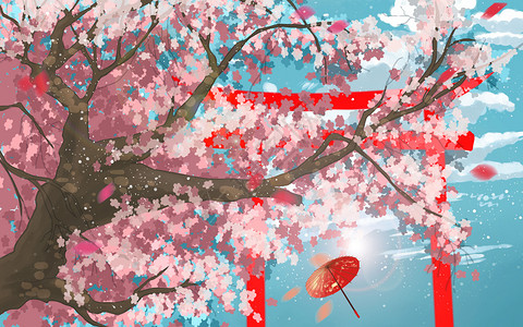 蓝色的伞唯美樱花风景插画