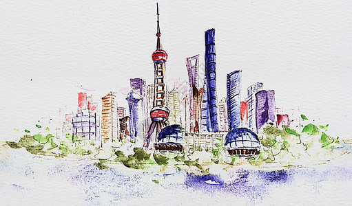 城市唯美夜景上海风光水彩画插画