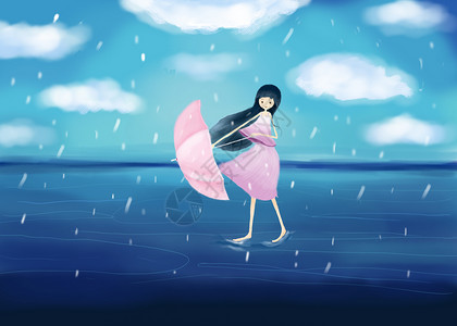 雨天的海上女孩高清图片