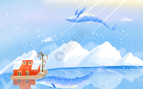 冰山倒影雪山的鲸插画