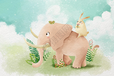 温馨大象一家小清新动物壁纸插画