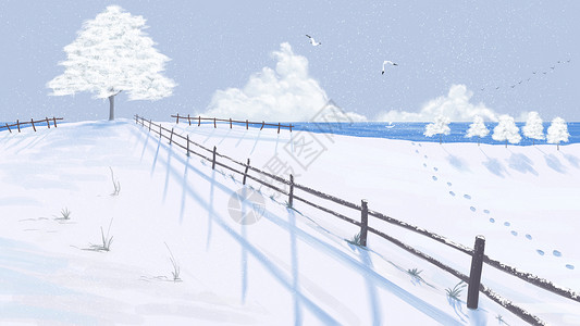 褪色树围栏冬季雪地插画插画