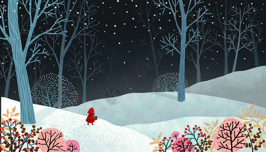雪夜意境手绘插画高清图片