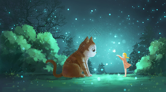 魔法猫奇幻森林的少女插画
