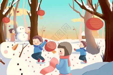 小孩堆雪人放寒假迎春节插画