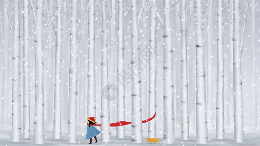 白桦林冬季白桦林中的小女孩与猫插画插画