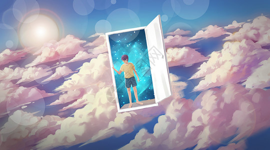 蓝天彩云穿越时空的少年插画