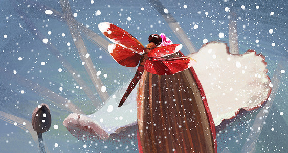 枯萎的荷叶雪里的红蜻蜓插画