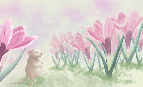 手绘紫色花瓣花园里的仓鼠插画