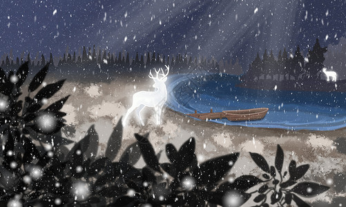 雪湖面雪夜白鹿插画
