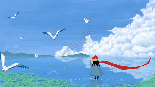 红色贴线素材湖边玩纸飞机的小女孩插画插画