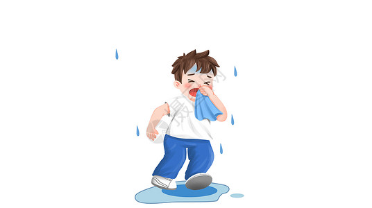 雨中被淋湿的绿萝感冒生病的男孩设计图片