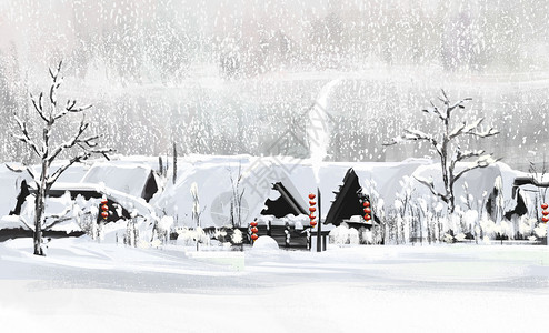 一排树唯美雪景插画