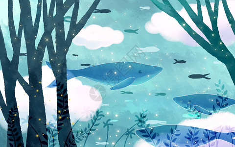 叶子蓝色的天空天空梦幻鲸鱼世界插画