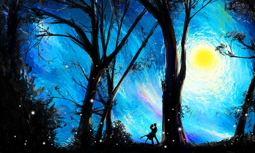 森林夜色月夜下的爱情插画