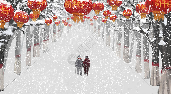 红灯笼大素材新年雪景插画