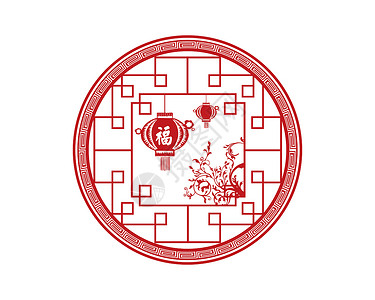 中国风红色圆形剪纸矢量窗花插画