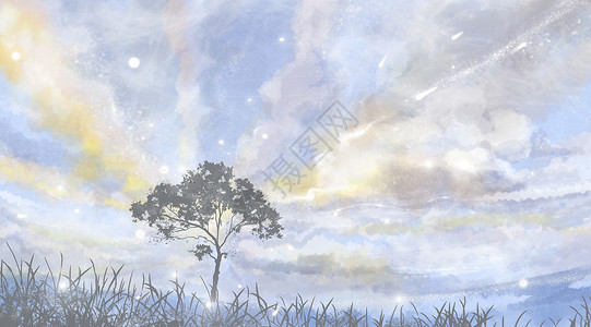 星光和树木璀璨绚烂唯美天空插画
