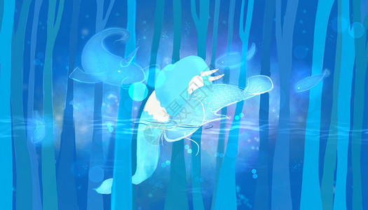 蓝色透明烟雾梦中的蓝鲤鱼插画