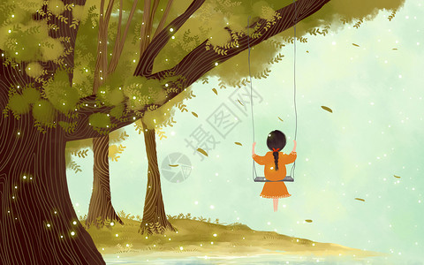 湖边树木荡秋千的女孩插画