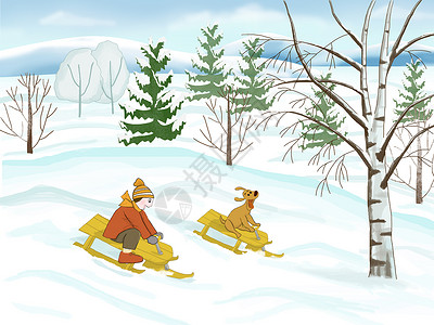 男孩拉扯雪橇寒假玩雪橇插画