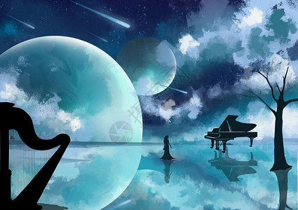 弹竖琴月夜下的音乐家插画