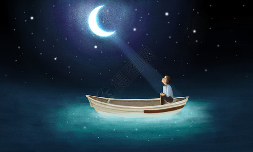 夜晚的海月下小船插画