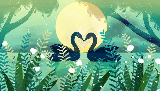 湖面月色月光下的天鹅插画