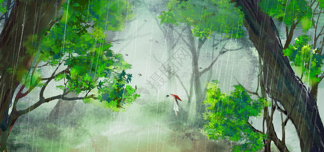小红花和小绿叶分割春雨插画