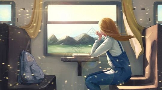 阳光窗口坐火车的女孩插画