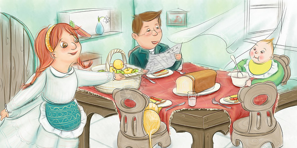 一家人坐在桌子前一家人的早餐插画